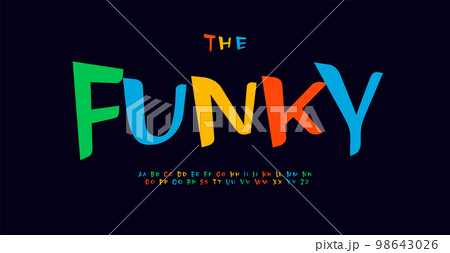 Funku playful alphabet, dynamic laidback letters, bright, colorful and vibrant font for uneven expressive logo, lively and cheerful headline, unique and cool typography. Vector typographic design 98643026