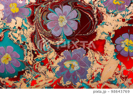 Ebru marbling Art with flower patterns. Abstract colored background 98643769