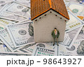 House model and a man figurine on US dollar banknote background 98643927