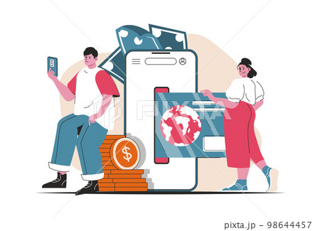 Mobile banking concept isolated. Money transactions and payments in mobile app. People scene in flat cartoon design. Vector illustration for blogging, website, mobile app, promotional materials. 98644457