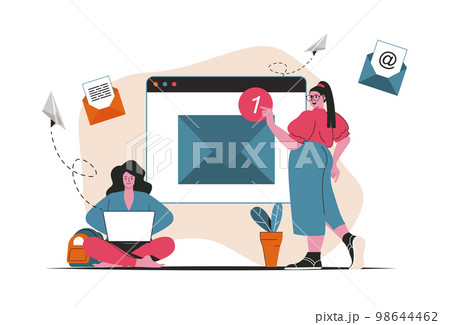 Email service concept isolated. Sending and receiving letters, notification, mailing. People scene in flat cartoon design. Vector illustration for blogging, website, mobile app, promotional materials. Email service concept isolated. Sending and receiving letters, notification, mailing. People scene in flat cartoon design. Vector illustration for blogging, website, mobile app, promotional materials. 98644462