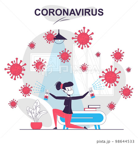 Coronavirus isolated cartoon concept. Woman spraying disinfection and fighting virus at home, people scene in flat design. Vector illustration for blogging, website, mobile app, mobile site. Coronavirus isolated cartoon concept. Woman spraying disinfection and fighting virus at home, people scene in flat design. Vector illustration for blogging, website, mobile app, mobile site. 98644533