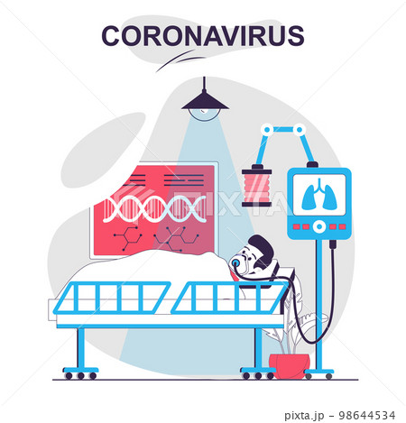 Coronavirus isolated cartoon concept. Patient lies in hospital ward with ALV apparatus, people scene in flat design. Vector illustration for blogging, website, mobile app, mobile site. Coronavirus isolated cartoon concept. Patient lies in hospital ward with ALV apparatus, people scene in flat design. Vector illustration for blogging, website, mobile app, mobile site. 98644534