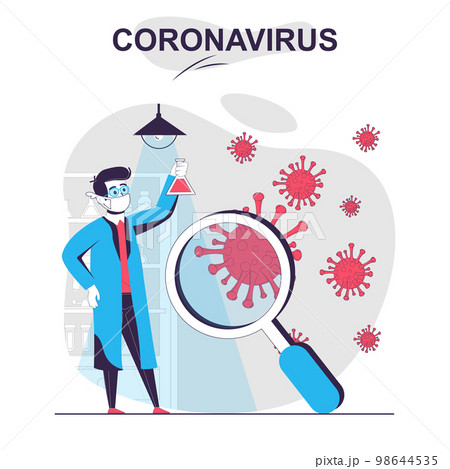 Coronavirus isolated cartoon concept. Scientist examines virus in laboratory, makes medicine, people scene in flat design. Vector illustration for blogging, website, mobile app, mobile site. Coronavirus isolated cartoon concept. Scientist examines virus in laboratory, makes medicine, people scene in flat design. Vector illustration for blogging, website, mobile app, mobile site. 98644535