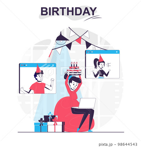 Birthday isolated cartoon concept. Woman celebrating holiday with friends by video call, people scene in flat design. Vector illustration for blogging, website, mobile app, promotional materials. Birthday isolated cartoon concept. Woman celebrating holiday with friends by video call, people scene in flat design. Vector illustration for blogging, website, mobile app, promotional materials. 98644543