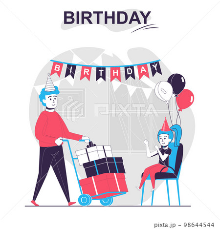 Birthday isolated cartoon concept. Father congratulates daughter and gives many gifts, party people scene in flat design. Vector illustration for blogging, website, mobile app, promotional materials Birthday isolated cartoon concept. Father congratulates daughter and gives many gifts, party people scene in flat design. Vector illustration for blogging, website, mobile app, promotional materials 98644544