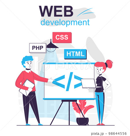 Web development isolated cartoon concept. Developer team creates code and optimizes site, people scene in flat design. Vector illustration for blogging, website, mobile app, promotional materials. Web development isolated cartoon concept. Developer team creates code and optimizes site, people scene in flat design. Vector illustration for blogging, website, mobile app, promotional materials. 98644556