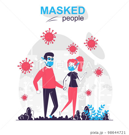 Masked people isolated cartoon concept. Man and woman wearing masks are walking in park, people scene in flat design. Vector illustration for blogging, website, mobile app, mobile site. 98644721
