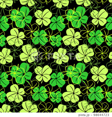 seamless pattern of green contours and silhouettes of a four-leaf clover on a black background, texture design 98644723