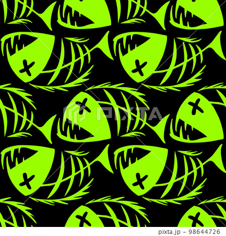 bright seamless pattern of green graphic fish skeletons on a black background, texture, design bright seamless pattern of green graphic fish skeletons on a black background, texture, design 98644726
