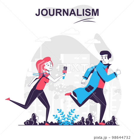 Journalism isolated cartoon concept. Journalist or paparazzi runs after man, mass media people scene in flat design. Vector illustration for blogging, website, mobile app, promotional materials. 98644732