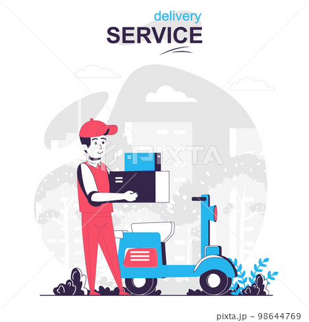 Delivery service isolated cartoon concept. Courier on moped delivering parcels, fast shipping people scene in flat design. Vector illustration for blogging, website, mobile app, promotional materials. Delivery service isolated cartoon concept. Courier on moped delivering parcels, fast shipping people scene in flat design. Vector illustration for blogging, website, mobile app, promotional materials. 98644769