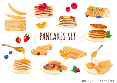 Pancakes icon set in realistic 3d design. Bundle of stacks of pancakes with different filling, berries, honey, chocolate and other. Cooking collection. Vector illustration isolated on white background Pancakes icon set in realistic 3d design. Bundle of stacks of pancakes with different filling, berries, honey, chocolate and other. Cooking collection. Vector illustration isolated on white background 98644794