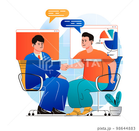 Video conference concept in modern flat design. Men communicate remotely using video call at screens. Employees discussing tasks and virtually shaking hands at online meeting. Vector illustration 98644883