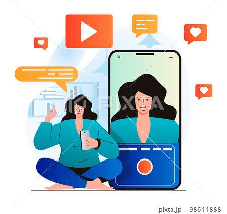 Video blogging concept in modern flat design. Woman recording video clip at mobile phone camera at home. Digital content creation, channel development and online promotion. Vector illustration Video blogging concept in modern flat design. Woman recording video clip at mobile phone camera at home. Digital content creation, channel development and online promotion. Vector illustration 98644888
