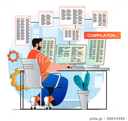Programming working concept in modern flat design. Developer does compilation of program. Man creates software, working at computer. Development, optimization and testing apps. Vector illustration 98644989
