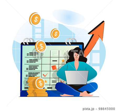 Planning financial budget concept in modern flat design. Woman does accounting, analyzes business statistics. Success financial strategy, increased profits, investment and growth. Vector illustration 98645000