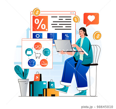 Online shopping concept in modern flat design. Woman shopping using laptop, orders and pays for purchases on store website. Discount and customer loyalty program at store website. Vector illustration 98645010