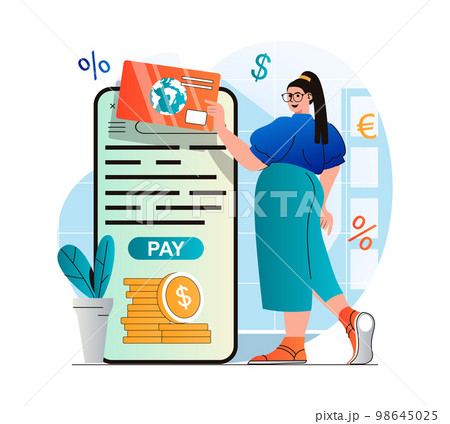 Online payment concept in modern flat design. Woman paying for purchases with credit card in mobile application. Customer conducts financial transaction in online banking app. Vector illustration 98645025