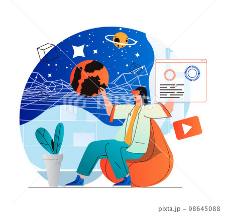 Cyberspace concept in modern flat design. Woman explores galaxy and planets in galaxy simulation using VR headset, innovation interactive education. Virtual augmented reality. Vector illustration Cyberspace concept in modern flat design. Woman explores galaxy and planets in galaxy simulation using VR headset, innovation interactive education. Virtual augmented reality. Vector illustration 98645088