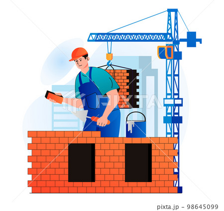 Construction engineer concept in modern flat design. Builder makes brickwork and builds wall of house. Bricklayer or handyman working on construction site. Real estate business. Vector illustration Construction engineer concept in modern flat design. Builder makes brickwork and builds wall of house. Bricklayer or handyman working on construction site. Real estate business. Vector illustration 98645099