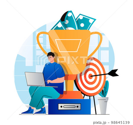 Business award concept in modern flat design. Businessman working on laptop near gold cup, won first place in competition. Triumph, profit growth, achievement of goals, targeting. Vector illustration 98645139