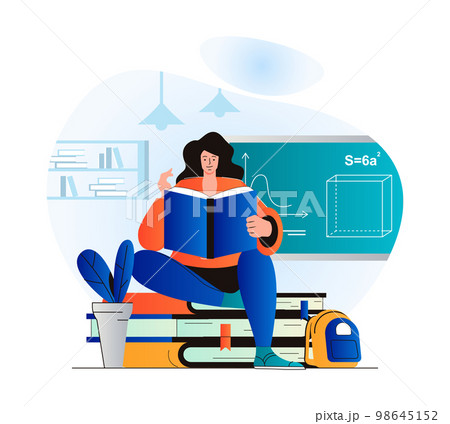 Education concept in modern flat design. Woman is reading book. Pupil studies from textbook, does her homework in library. Student learning at school, college or university. Vector illustration Education concept in modern flat design. Woman is reading book. Pupil studies from textbook, does her homework in library. Student learning at school, college or university. Vector illustration 98645152