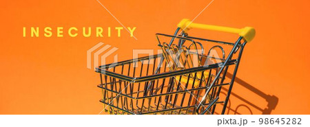 INSECURITY text Empty shopping trolley cart on colorful orange background. Online shopping, buy mall market shop consumer concept. Small toy supermarket grocery push cart. Rising food cost, grocery INSECURITY text Empty shopping trolley cart on colorful orange background. Online shopping, buy mall market shop consumer concept. Small toy supermarket grocery push cart. Rising food cost, grocery 98645282