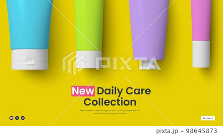 Set of colored cream tubes on a yellow background. Banner cover template layout of beauty and 98645873