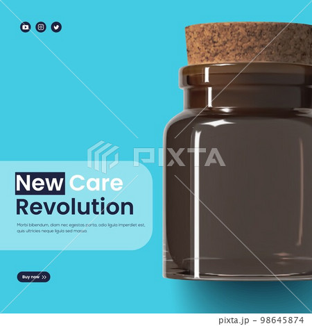 Elegant cosmetic jar made of brown glass with a cork lid and a white flower on a blue background 98645874