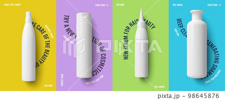 Set of cosmetic flyers bottles of beauty products packaging on colored backgrounds. Vector 98645876