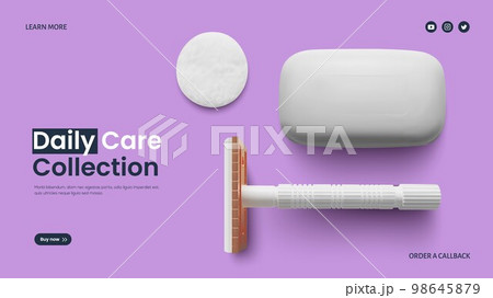 Banner cosmetic bath set for showering and shaving. Soap, shaving machine, cotton pad on a pink 98645879