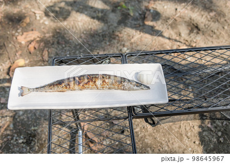 【オートキャンプ場で生サンマの塩焼きの完成】 98645967