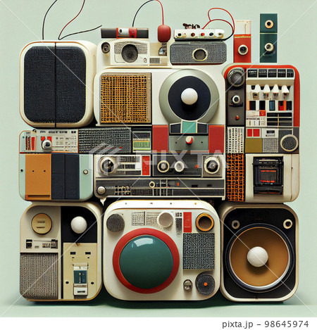 イメージ素材：レトロなスピーカー、ラジオなどの機械のコラージュイメージ 98645974