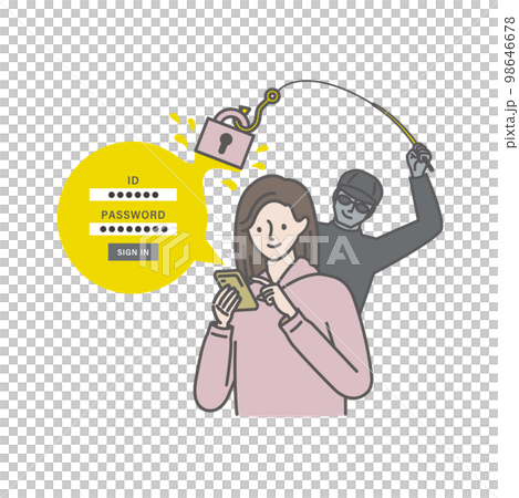 フィッシングメールに気付かずにログインする女性 98646678
