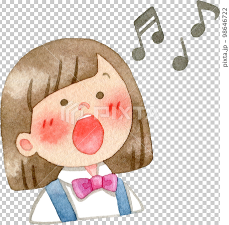 Watercolor illustration of a singing child and musical notes (facing right) 98646722