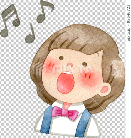 Watercolor illustration of a singing child and musical notes (facing left) 98646723