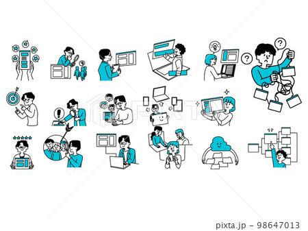 ソフトウエア、ウエブサイト、アプリ開発の提案に関するイラストのセット ソフトウエア、ウエブサイト、アプリ開発の提案に関するイラストのセット 98647013