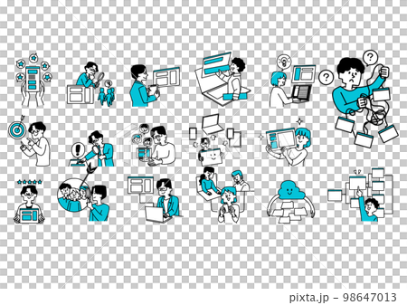 ソフトウエア、ウエブサイト、アプリ開発の提案に関するイラストのセット ソフトウエア、ウエブサイト、アプリ開発の提案に関するイラストのセット 98647013