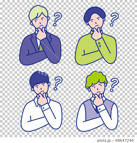 Upper body illustration material [set] of a male student with an image of feeling doubt and tilting his head 98647240