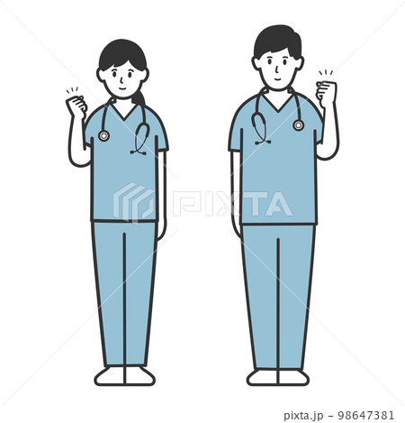 ガッツポーズの女性、男性医師のイラストセット 98647381