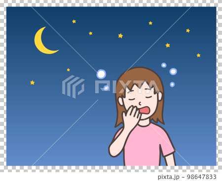 一個女人在晚上變得困倦，困倦 98647833