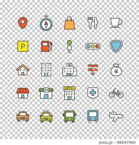 Map-related line drawing icon set (with color) 98647966