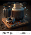 tasty picture of donat and cup of coffee on serving wooden desk 98648026