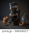 tasty picture of making coffee by coffee machine with delicious donuts 98648027