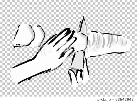 Hand-drawn Japanese-style illustration of a sea bream being cut Usutsukuri black-and-white, monochrome, single color, vector 98648948
