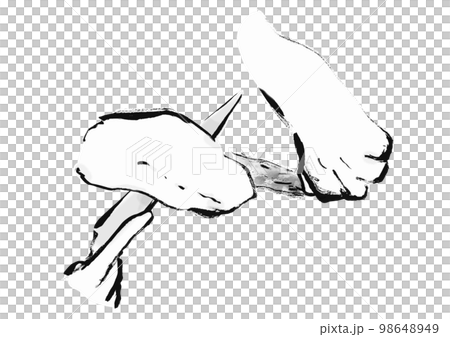 鯛をさばいているの手描き和風イラスト　皮を引く　白黒,モノクロ,単色, ベクター 98648949