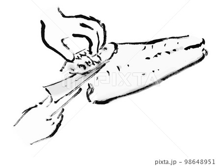 鯛をさばいているの手描き和風イラスト　腹骨を取る　白黒,モノクロ,単色, ベクター 98648951