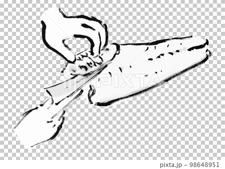 鯛をさばいているの手描き和風イラスト　腹骨を取る　白黒,モノクロ,単色, ベクター 98648951