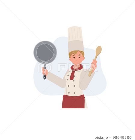 Confident chef woman holding pan is cooking food. Flat vector illustration 98649500